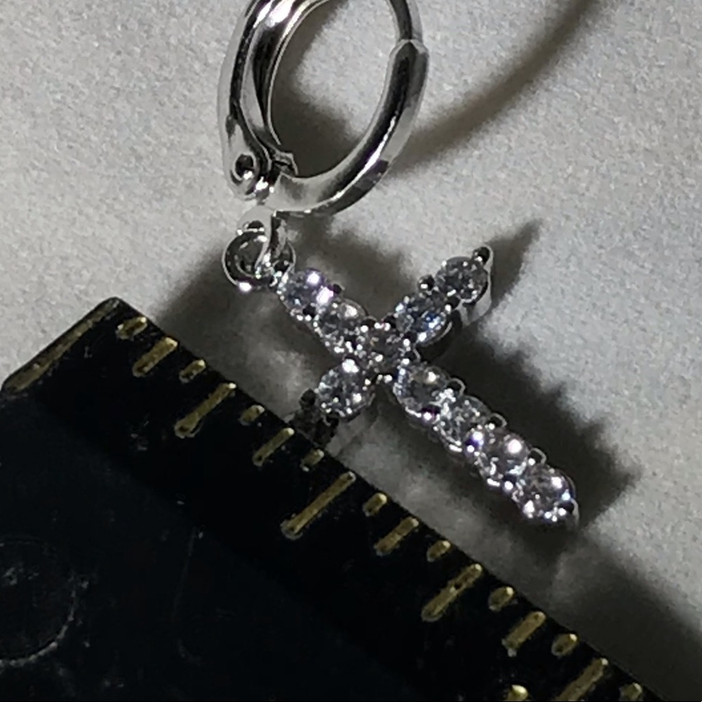 White Sapphire Cross Earrings Stainless Steel - Picture 2 of 3